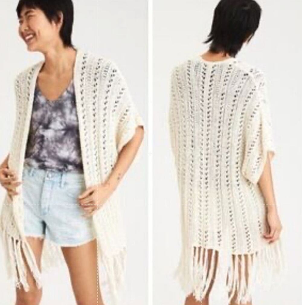 American Eagle Cream Boho Knit Kimono Cardigan XS/S Fringe Festival